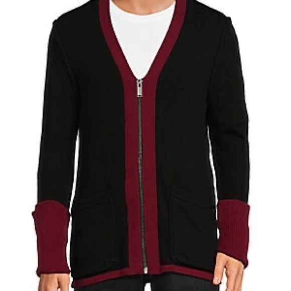 Nwt! Karl Lagerfeld Colorblock Ribbed Wool Zip Men's Black Red Cardigan Sweater